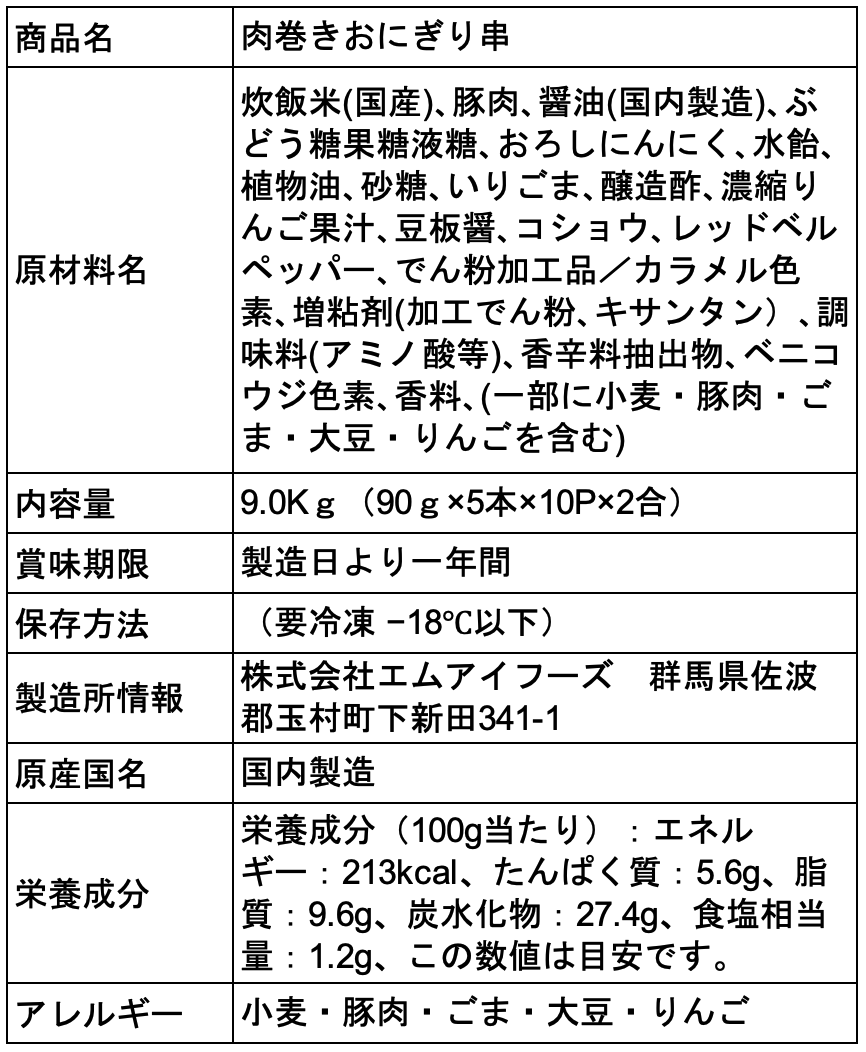 【冷凍】肉巻きおにぎり棒〜タレ味〜（100本入）【送料無料】
